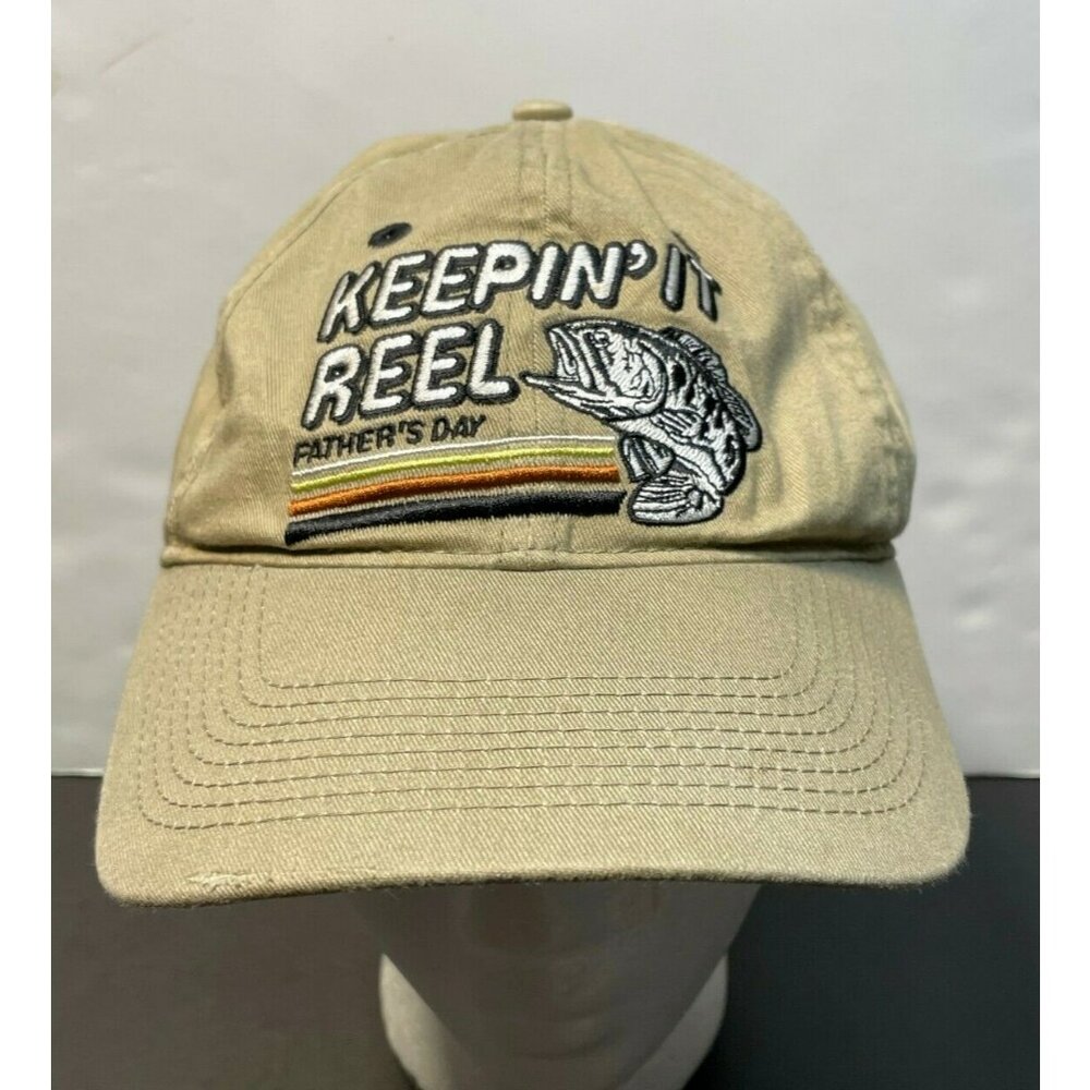 Keepin It Reel Fishing hat cap 7" Father's Day strap beige Sherry